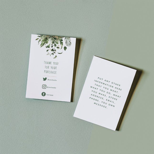 Cartão De Informações Links sociais, folhas verdes obrigados que você in (Green leaves, colored social links and fun text thank you enclosure card for orders.)