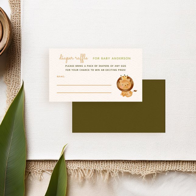 Cartão De Informações Lion Wilgle Chá de fraldas Raffle (diaper raffle card with cute watercolor lion illustration for a tropical safari baby shower party)