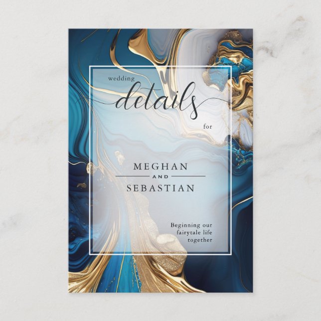 Cartão De Informações Líquido de abstrato Dourado no Marble Azul (Frente)