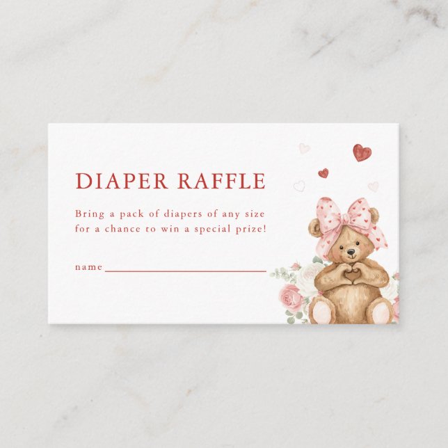 Cartão De Informações Little Sweetheart Heart Bear Diaper Raffle Card (Frente)