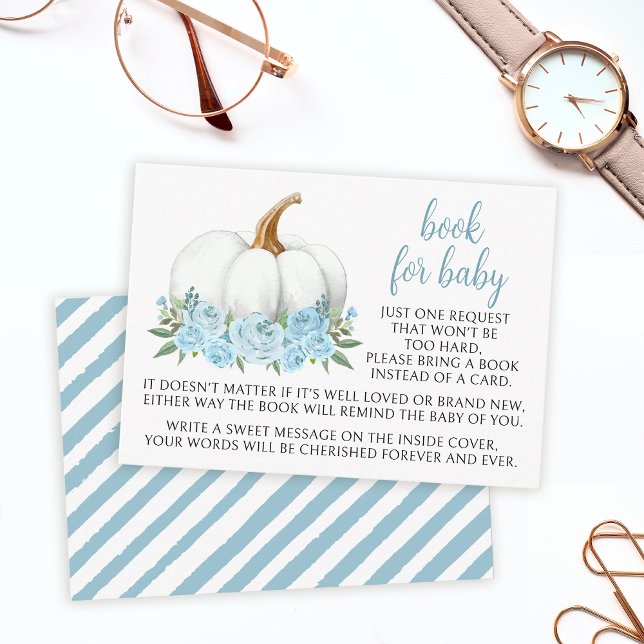 Cartão De Informações Livro azul de abóbora para chá de bebê (Criador carregado)