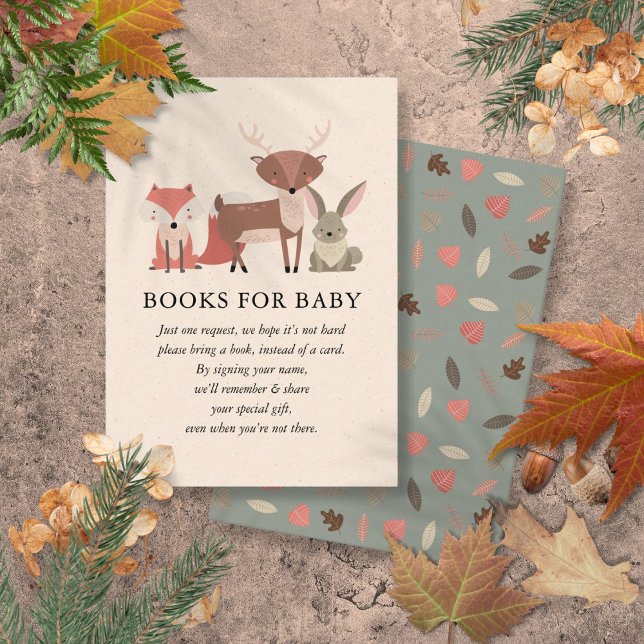 Cartão De Informações Livro de Animais da Floresta Solicitar Chá de fral (Woodland Animals Book Request Forest Baby Shower Enclosure Card)