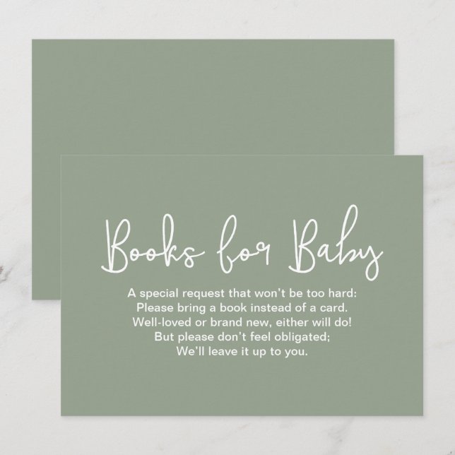 Cartão De Informações Livro de chá de bebê com Script Moderno Sage Verde (Frente/Verso)