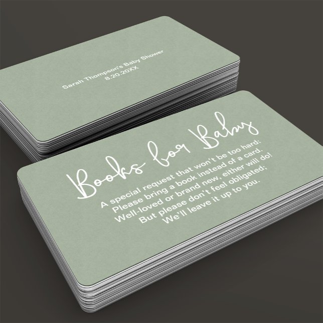 Cartão De Informações Livro de Pedidos de Chuvada de Bebê Verde Sage com (Customizable minimalist sage green Books for baby request instead of card enclosure card.)
