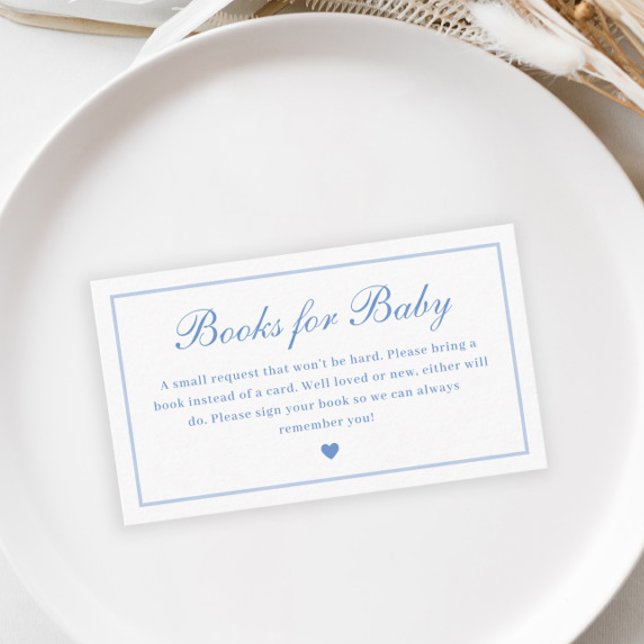 Cartão De Informações Livros Azuis de Script Elegante para Chá de fralda (Elegant Blue Script Books for Baby Boys Baby Shower Enclosure Cards.)