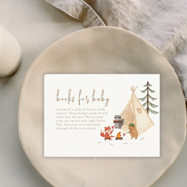 Cartão De Informações Livros De Acampamento De Animais Da Floresta Para  (Woodland Animals Camping Books For Baby Shower Enclosure Card)