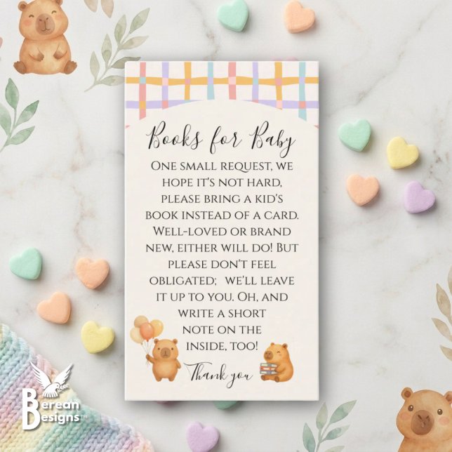 Cartão De Informações Livros de Capivara em Aquarela Fofos para Bebê (Cute Watercolor CAPYBARA BABY SHOWER Books for Baby Enclosure Card to celebrate capy arrival.)