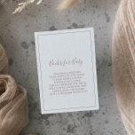 Cartão De Informações Livros de Chá de fraldas Dourado Rosa minimalista<br><div class="desc">Este chá de fraldas rosa de ouro minimalista para cartão de bebê é perfeito para um chá de fraldas simples. A design romântica moderna apresenta clássico de ouro rosa e tipografia branca emparelhada com uma caligrafia rustica, mas elegante, com estilo antigo, com letra de mão. Personalizável em qualquer cor. Mantenha...</div>