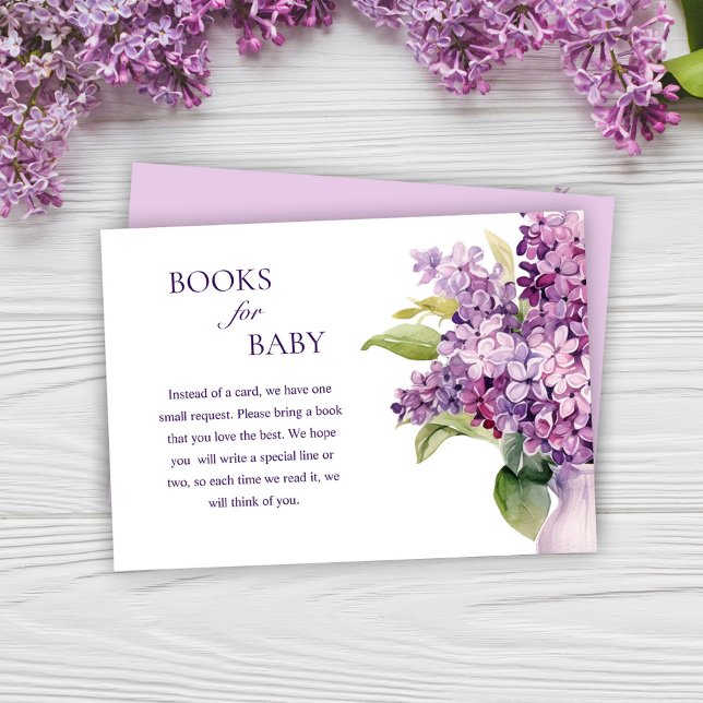 Cartão De Informações Livros De Chá de fraldas Lilac Elegante Floral Par (Floral Elegant Lilac Baby Shower Books For Baby Enclosure Card)