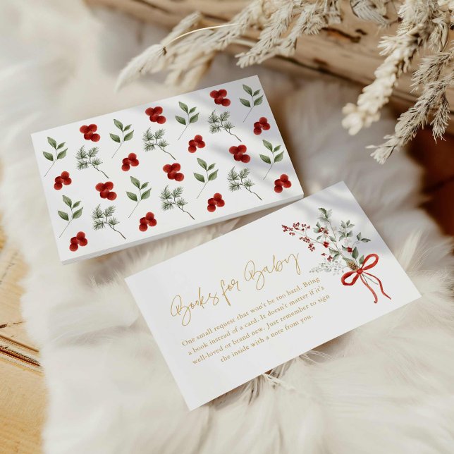 Cartão De Informações Livros de Chá de fraldas para a menina de inverno (Winter Greenery and Red Holly Books for Baby Card)