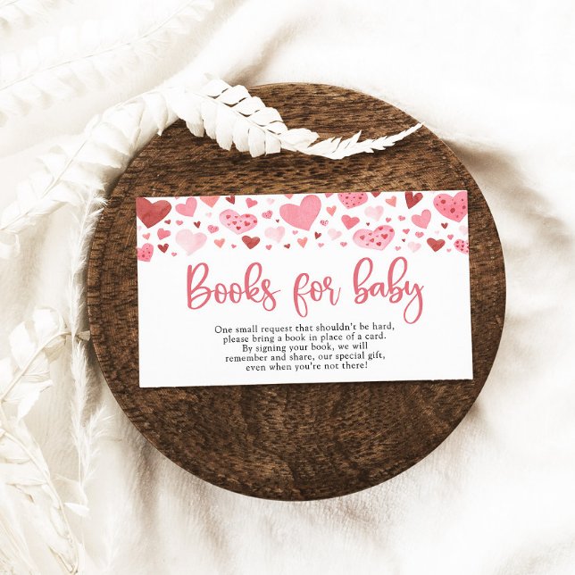 Cartão De Informações Livros de Chuvinha de Bebê para o Dia dos Namorado (Watercolor Cute Valentine Pink and Red Hearts Baby Shower Books for baby Game Ticket)