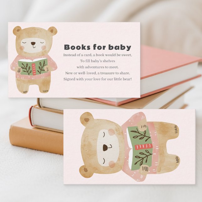 Cartão De Informações Livros de Urso Rosa para Pedido de Bebê (Pink Bear Books for baby Request Enclosure Card.)