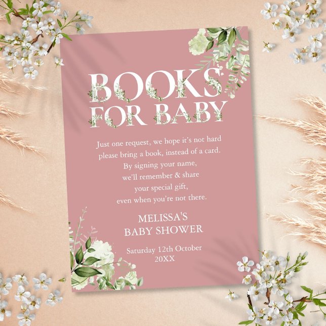 Cartão De Informações Livros Dusty Rosa Greenery Para Chá de fraldas (Dusty Rose Greenery Books For Baby Shower Enclosure Card)