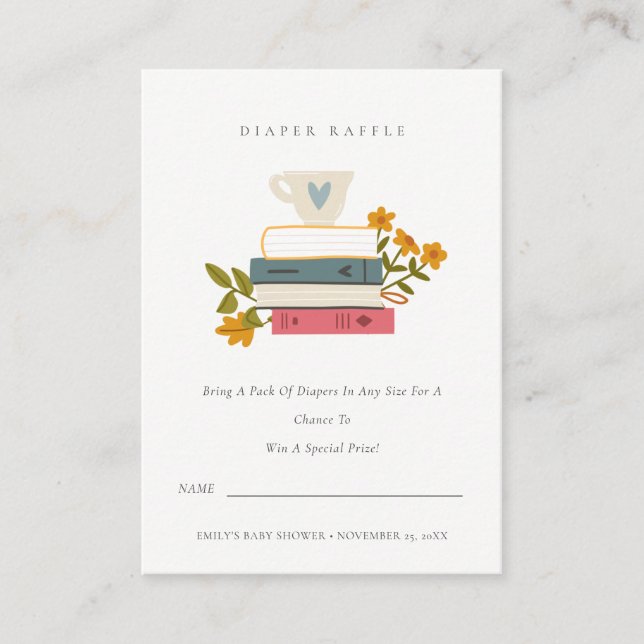 Cartão De Informações Livros Empilhados Floral Sorteio de Fraldas para C (Frente)