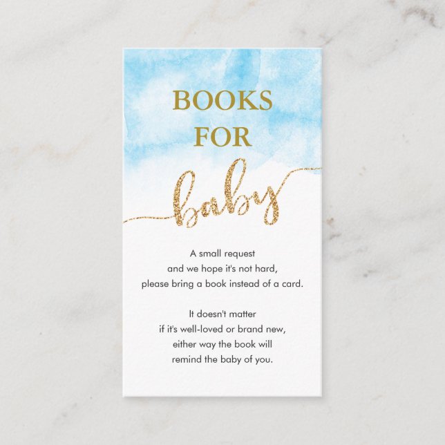 Cartão De Informações Livros Para Bebê Aquarela Azul Brilho Dourado (Frente)