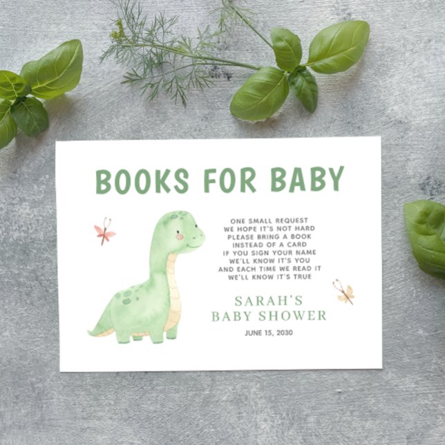 Cartão De Informações Livros para Chá de Aquarela Verde-Bebê Dinossauro (Get ready for a Jurassic celebration with our adorable dinosaur books for baby enclosure card! 🦕)