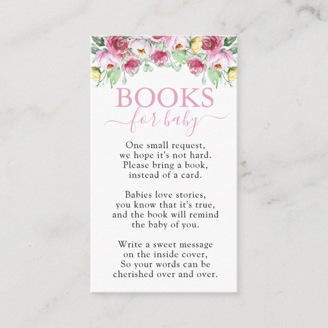 Cartão De Informações Livros para Chá de fraldas de Bebê Rosa (Frente)