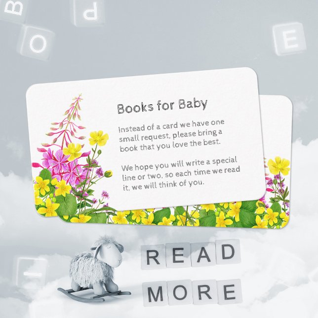 Cartão De Informações Livros para Chá de fraldas de Flor Amarelo Amarelo (Books for Baby Yellow Pink Wildflower Baby Shower Enclosure Card ©Susanne SachersSunny Mind Design)
