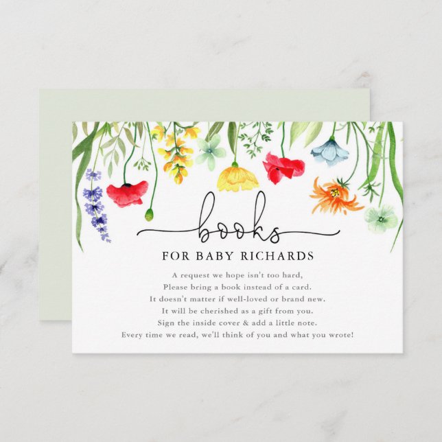 Cartão De Informações Livros para chá de fraldas de flores silvestres co (Frente/Verso)
