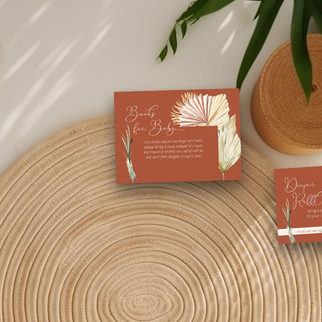 Cartão De Informações Livros para Chá de fraldas de Folhagem de Bebê Ter (Books for Baby enclosure card in terracotta with boho palm leaves)