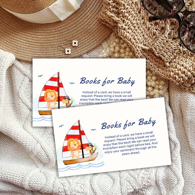 Cartão De Informações Livros Para Chá de fraldas De Leão Selvagem (Nautical Wild Lion Sailboat Books For Baby Shower Enclosure Card)