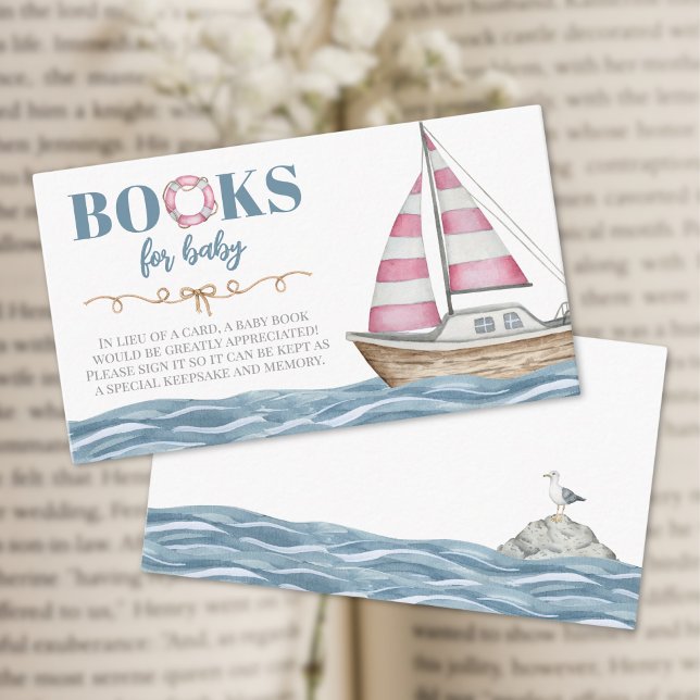 Cartão De Informações Livros Para Chá de fraldas Náutico Rosa Bebê (Books For Baby Pink Nautical Baby Shower Enclosure Card )