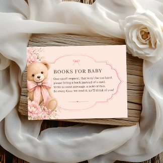 Cartão De Informações Livros para Chás de Bebê Ursinho Teddy Rosa Vintag