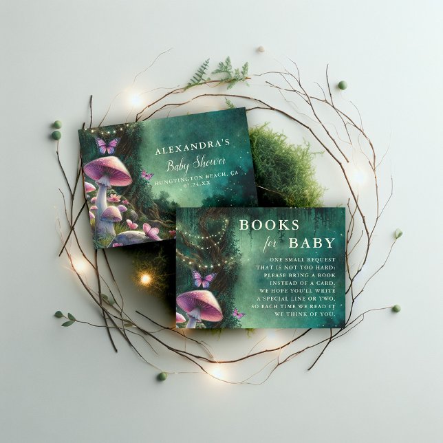 Cartão De Informações Livros Para Cogumelos Rosa, Florestais Encantados  (enchanted forest garden mushroom baby shower books for baby woodland magical green pink)