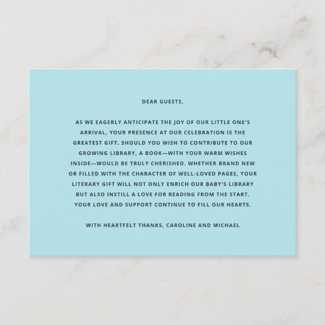 Cartão De Informações Livros para o Chá de Bebê do Menino (Frente)