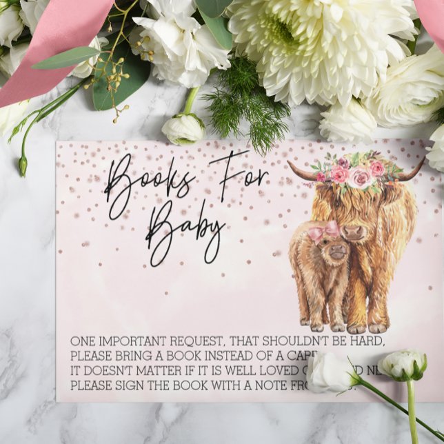 Cartão De Informações Livros para o Chá de fraldas Highland Cow Rosa (Criador carregado)