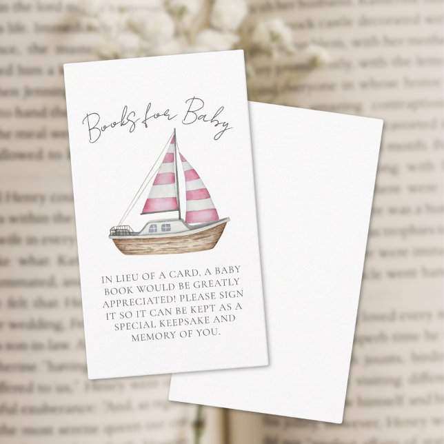 Cartão De Informações Livros Rosa Chá de fraldas Náutico Para Bebê (Nautical Baby Shower Pink Books For Baby Enclosure Card )