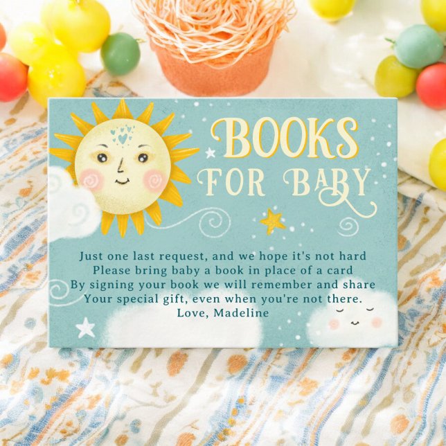 Cartão De Informações Livros sobre Sol e Nuvens Retrópicos para Bebê (Retro whimsical Sun and Clouds books for baby Enclosure Card)