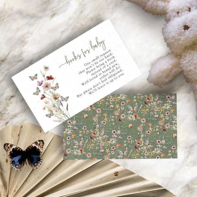 Cartão De Informações Livros Verdes Com Borboleta Para Bebê (Butterfly Dusty Green Boho Floral Books For Baby Enclosure Card by Painted Paperie
)