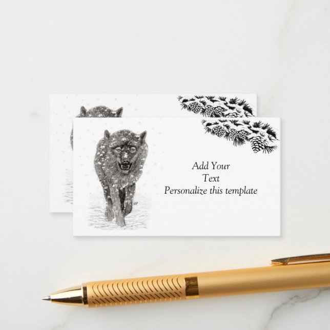 Cartão De Informações Lobo Negro Zangado na Neve, inverno selvagem (Frente/Verso In Situ)