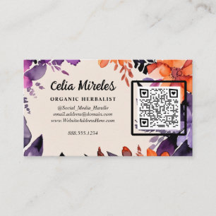 Cartão De Informações Logotipo Floral Laranja Roxo Encantado Código QR