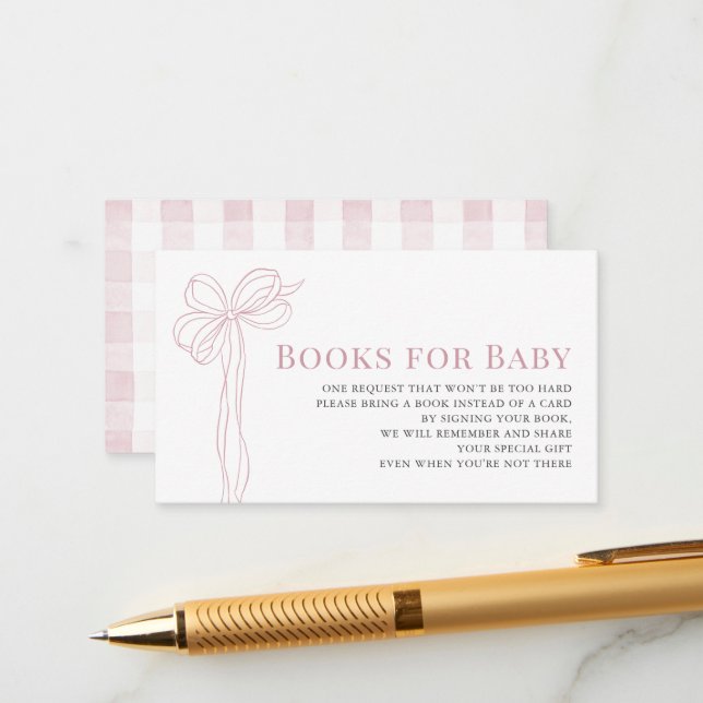 Cartão De Informações Long Pink Bow Ribbon Girl Baby Shower Book Request (Frente/Verso In Situ)