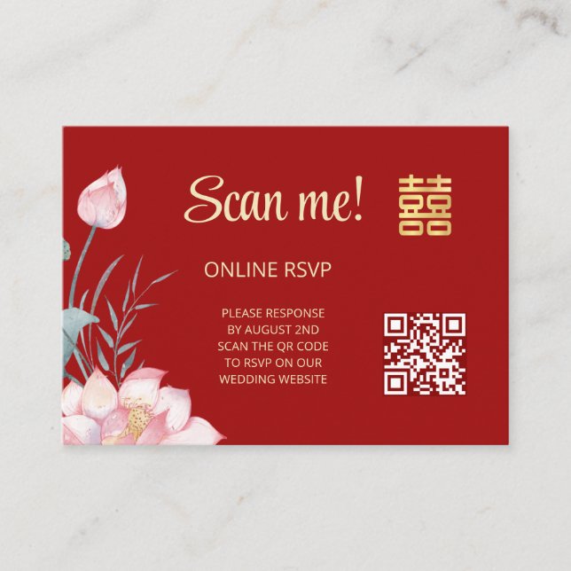 Cartão De Informações Lotus Chinese Wedding Código QR RSVP Online (Frente)