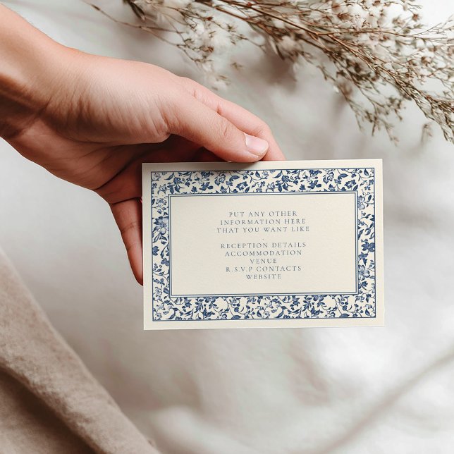 Cartão De Informações Louaça floral delftware os detalhes florais (Vintage style delftware botanical blue and cream frame wedding details enclosure card.)