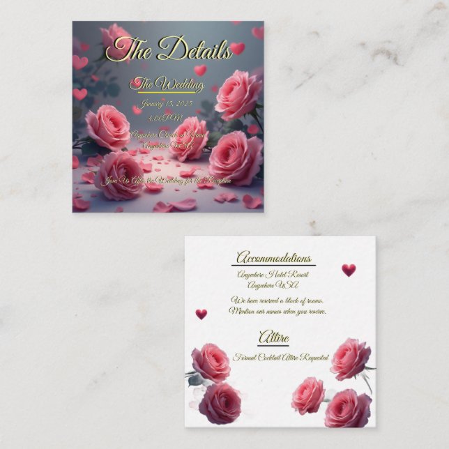 Cartão De Informações Love is in Bloom Details Pink Roses Wedding Invite (Frente/Verso)