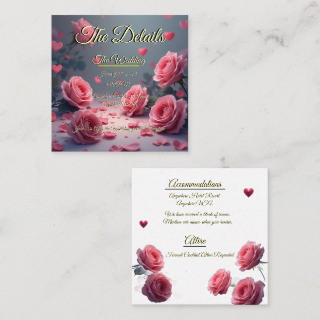Cartão De Informações Love is in Bloom Details Pink Roses Wedding Invite (Frente/Verso)