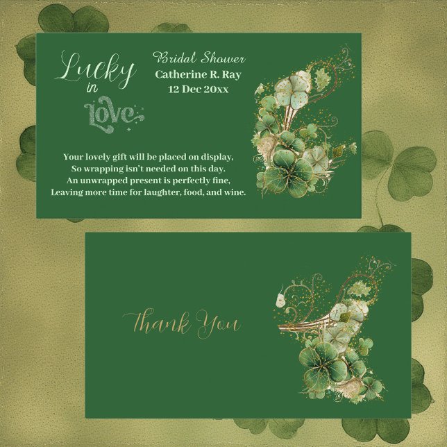 Cartão De Informações  Lucky in Love Golden Green Shamrock Bridal Shower (Lucky in Love Golden Green Shamrock Bridal Shower Enclosure Card)