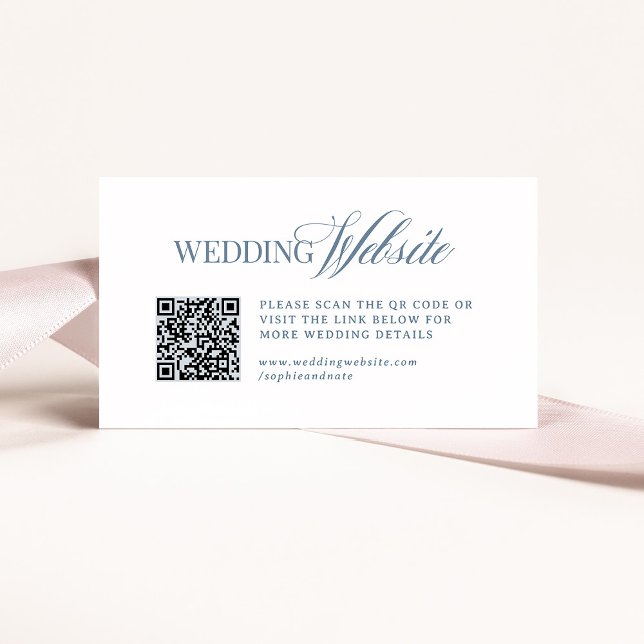 Cartão De Informações Luxe White and Dusty Blue Wedding Website QR Code (Criador carregado)