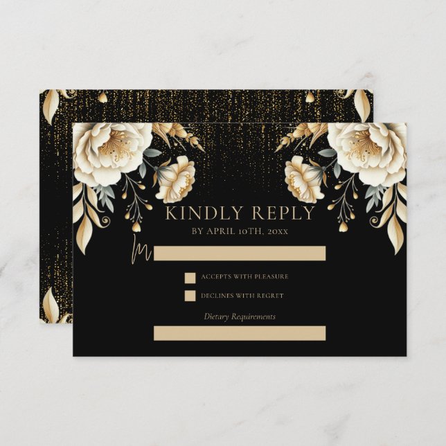 Cartão De Informações luxo Black Ivory & Dourada Quinceañera Rsvp (Frente/Verso)