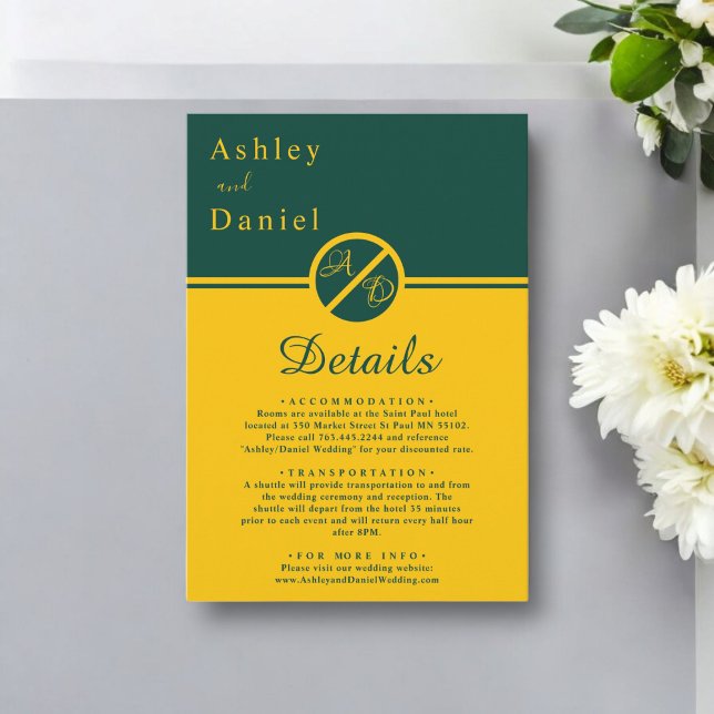 Cartão De Informações Luxuoso Casamento Elegante Verde e Dourado com Mon (Criador carregado)