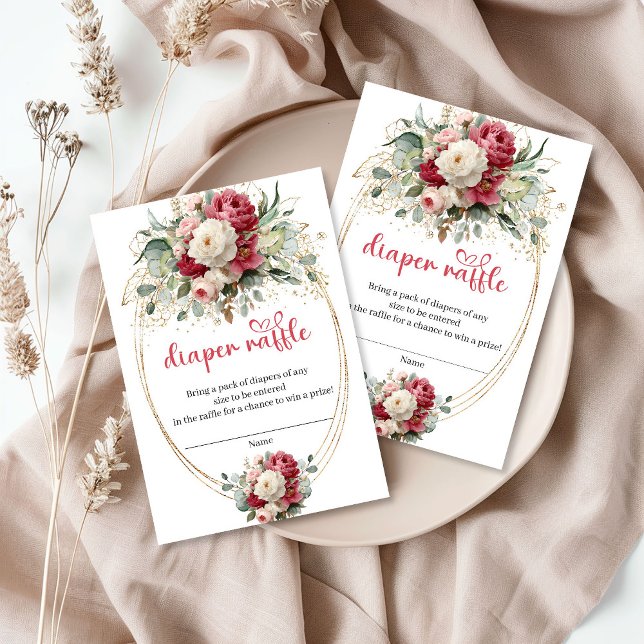 Cartão De Informações Luxury Gold Burgundy Floral Diaper Raffle Insert (Luxury Gold Burgundy Floral Diaper Raffle Insert)