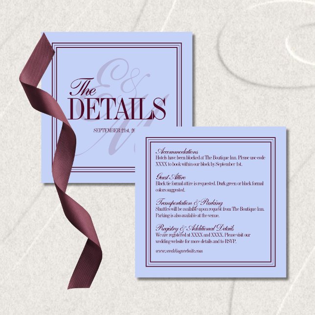 Cartão De Informações Luxury Periwinkle and Plum Formal Wedding Details (Luxury Periwinkle and Plum Formal Wedding Details Enclosure Card
)