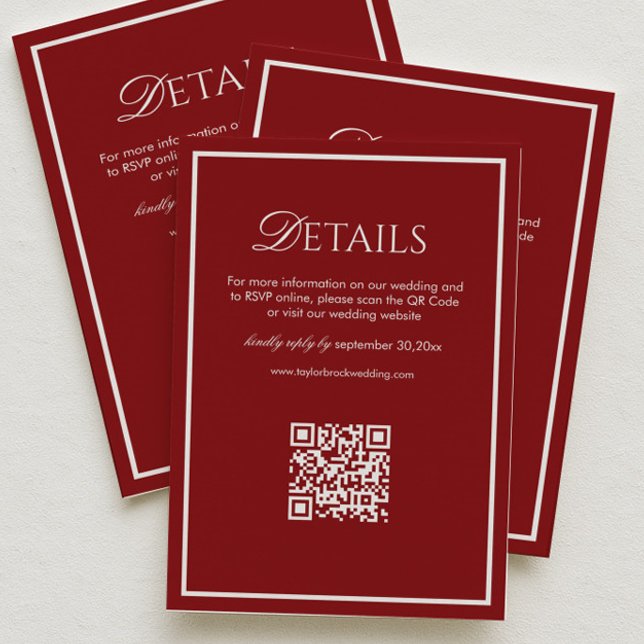 Cartão De Informações Luxury Retro Burgundy Wedding Details Qr Code (Criador carregado)