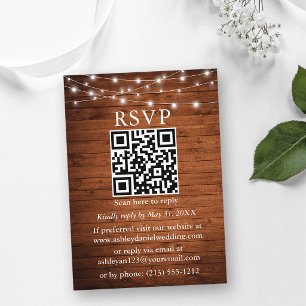 Cartão De Informações Luzes de Corda de Madeira Rústica QR Casamento RSV
