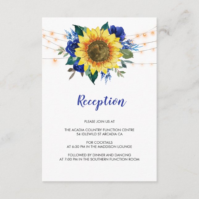 Cartão De Informações Luzes de girassol Recepção de casamento azul (Frente)