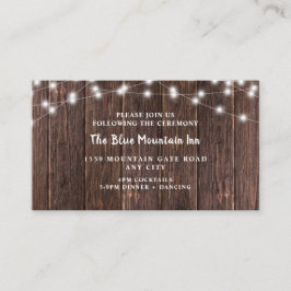 Cartão De Informações Madeira russa escura e luzes recepção de casamento